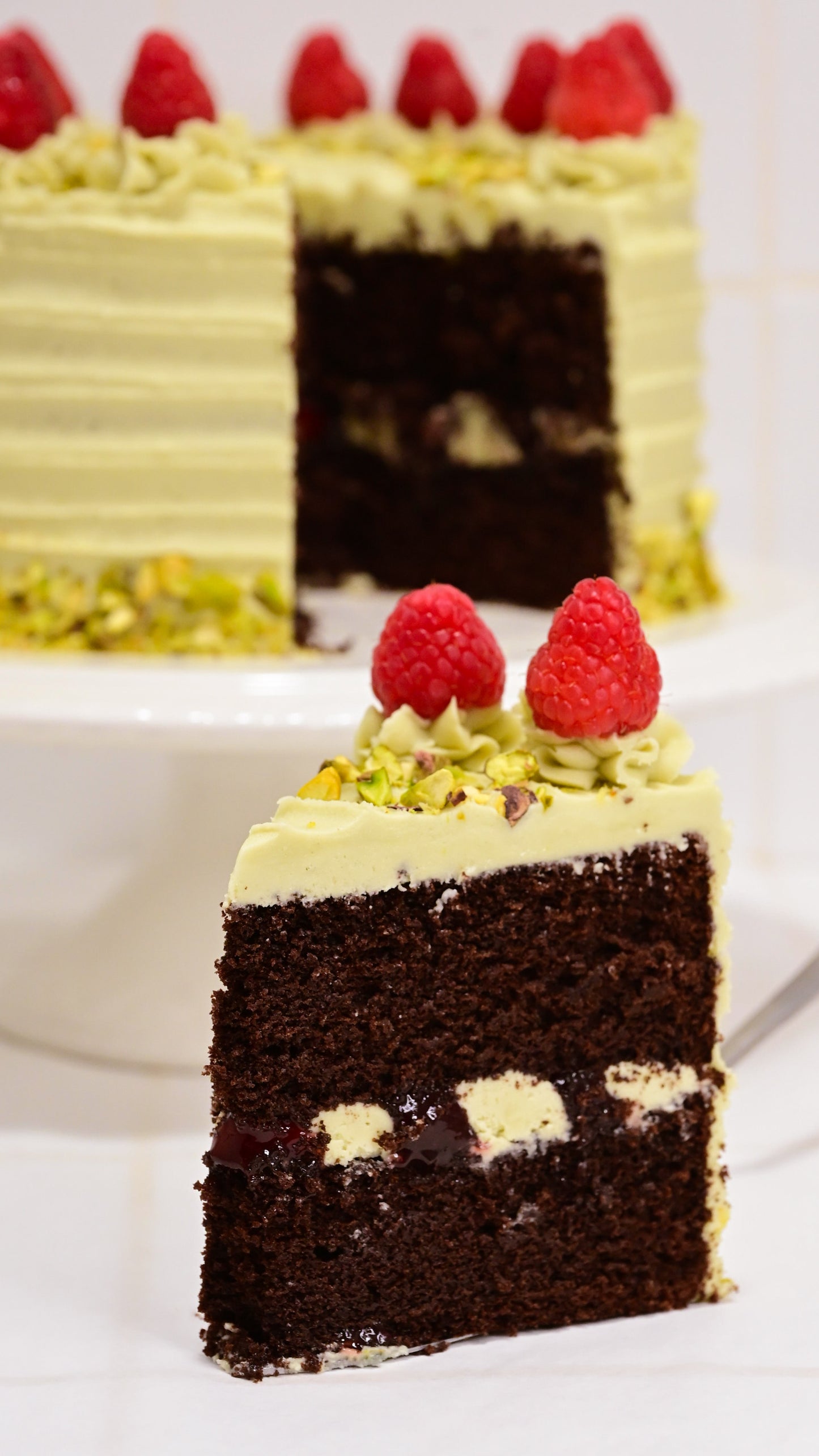 Chocolate, Raspberry, & Pistachio Celebration Cake